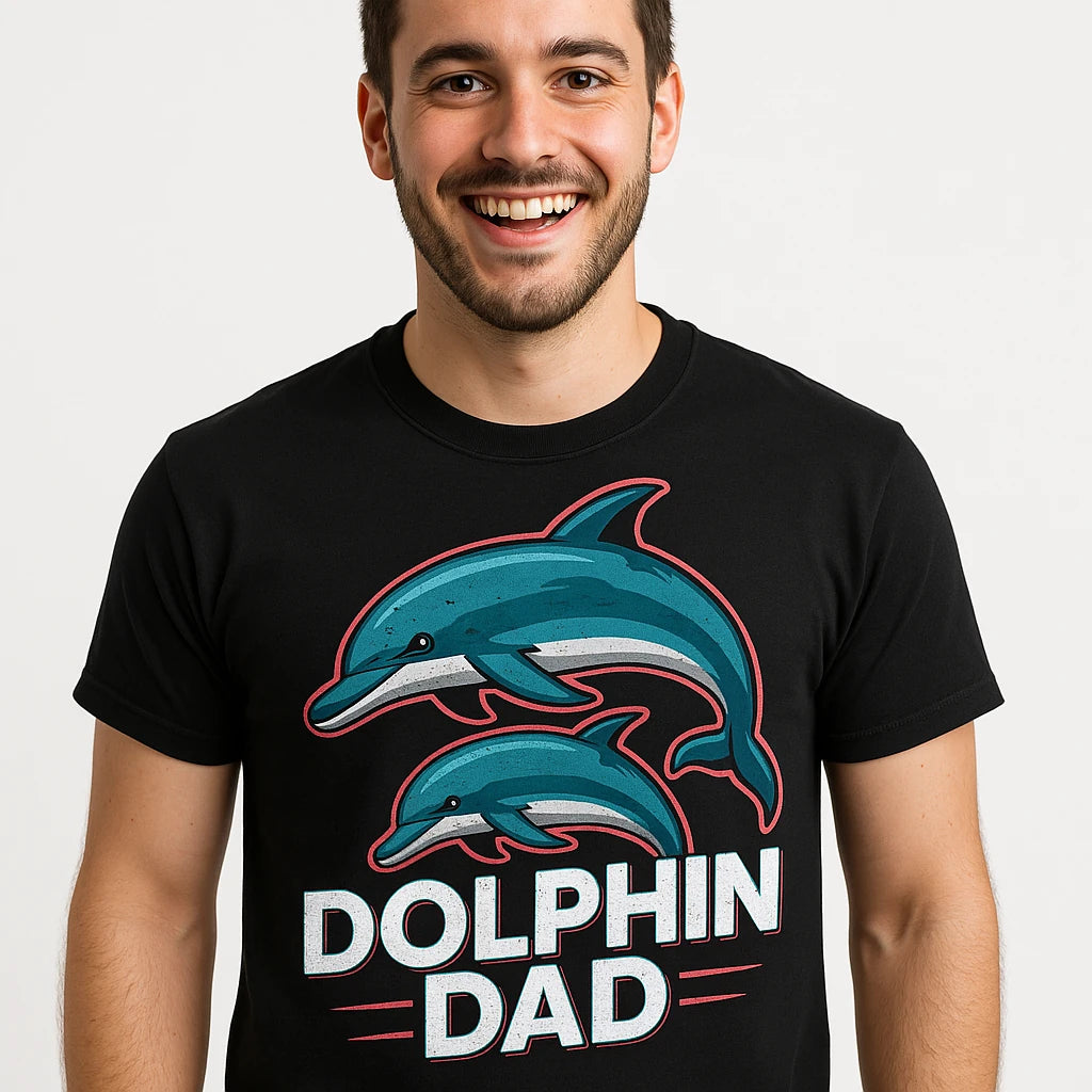 Close-up of the "Dolphin Dad" teal print on a premium Bella+Canvas black dolphin tee