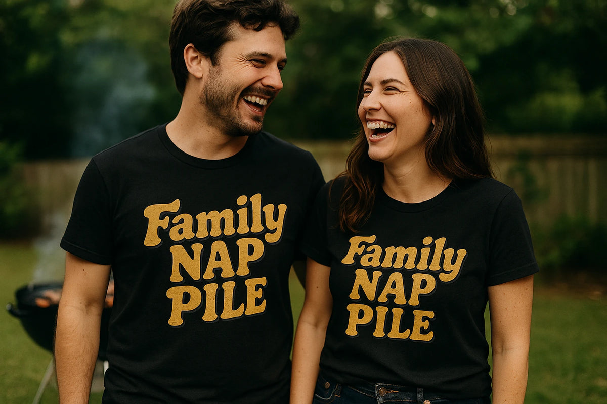 Person wearing the black family life t shirt graphic tee - "Family Nap Pile" design