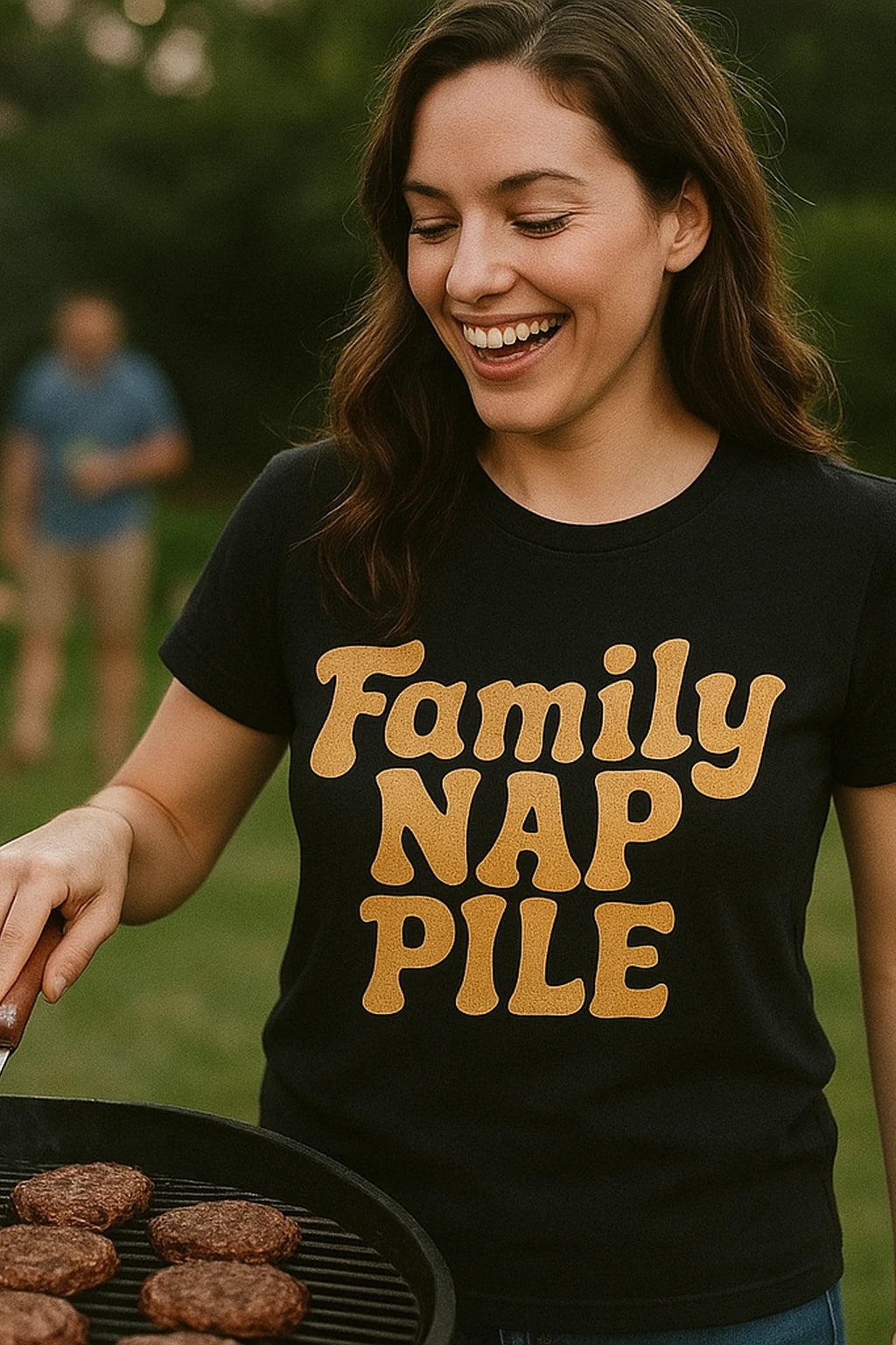 "Family Nap Pile" black family life t shirt, photographed as family life lover gift