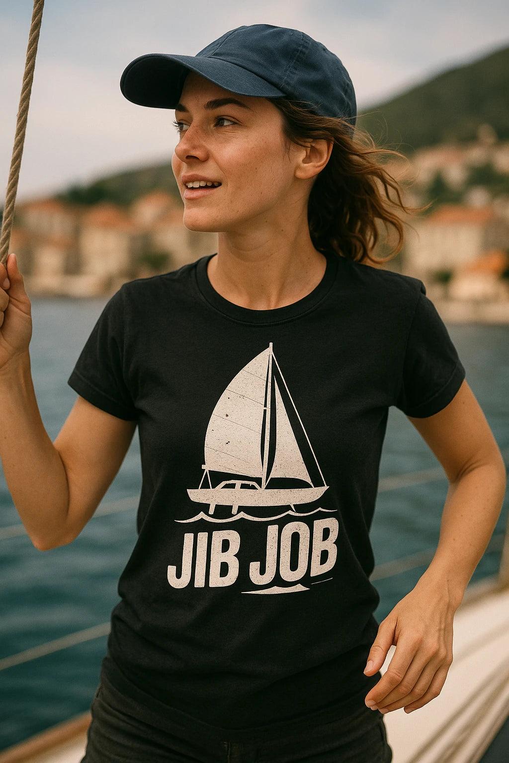 "Jib Job" black sailing shirts, photographed as gifts for sailing lovers
