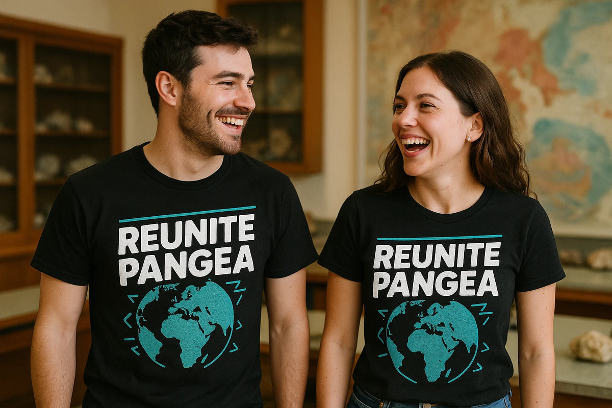 Person wearing the black geology shirts graphic tee - "Reunite Pangea" design
