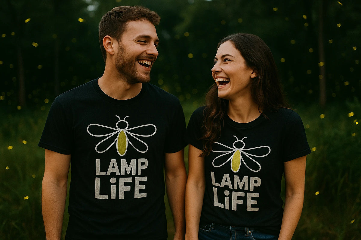 Person wearing the black firefly t shirt graphic tee - "Lamp Life" design