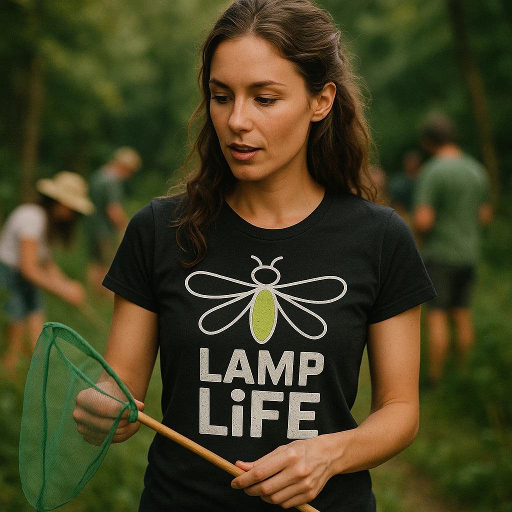 "Lamp Life" black firefly t shirt, photographed as firefly lover gift
