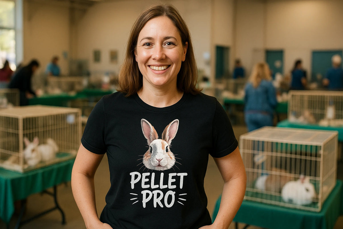 Lifestyle shot of the "Pellet Pro" black rabbit tshirts in a real-world setting
