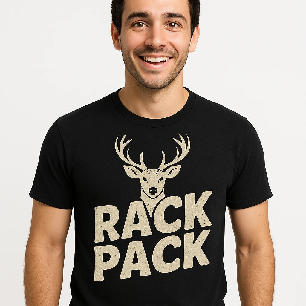 Close-up of the "Rack Pack" beige print on a premium Bella+Canvas black deer tshirts