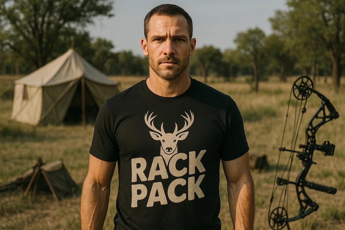 Lifestyle shot of the "Rack Pack" black deer tshirts in a real-world setting