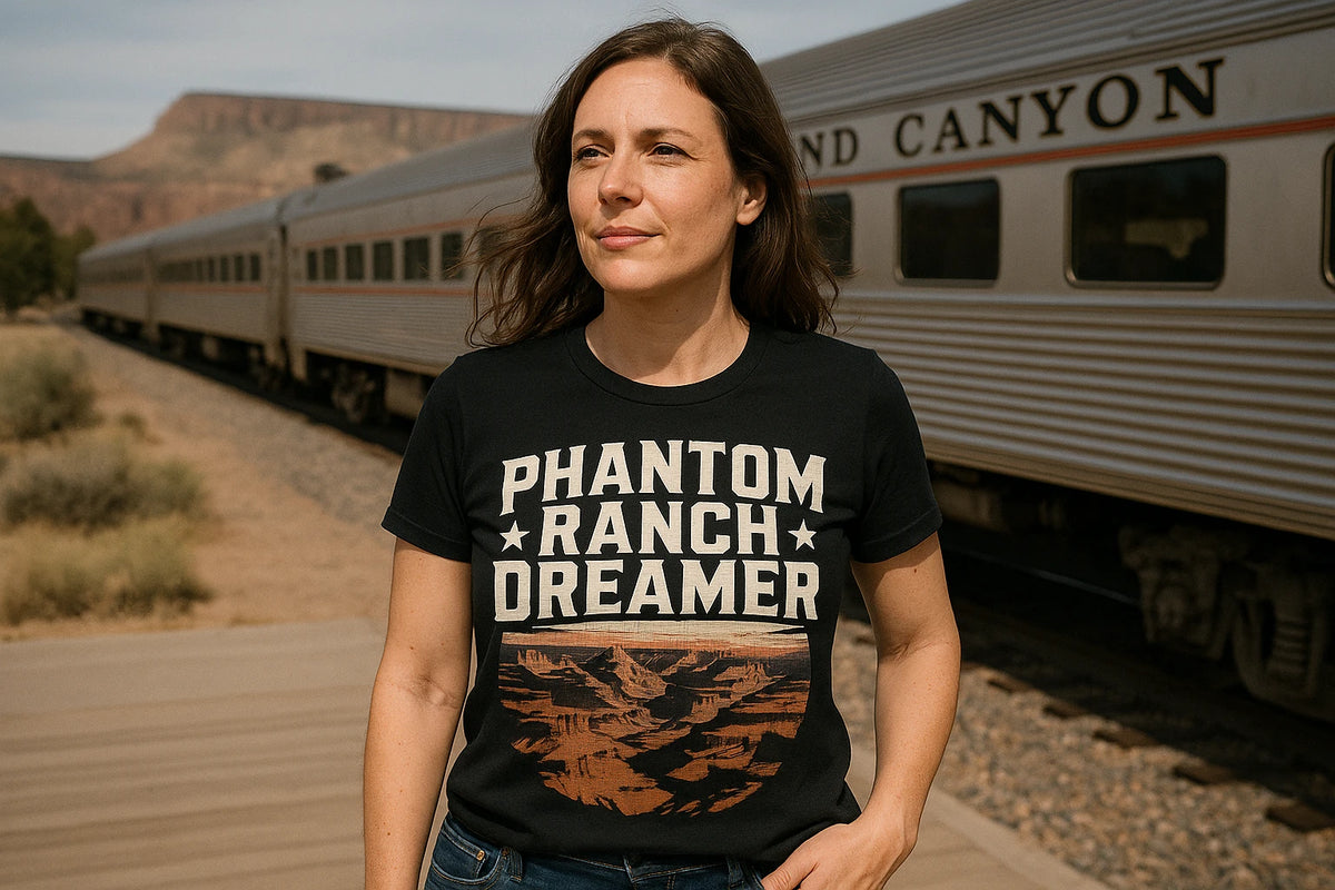 Lifestyle shot of the "Phantom Ranch Dreamer" black i hiked the grand canyon t shirt in a real-world setting