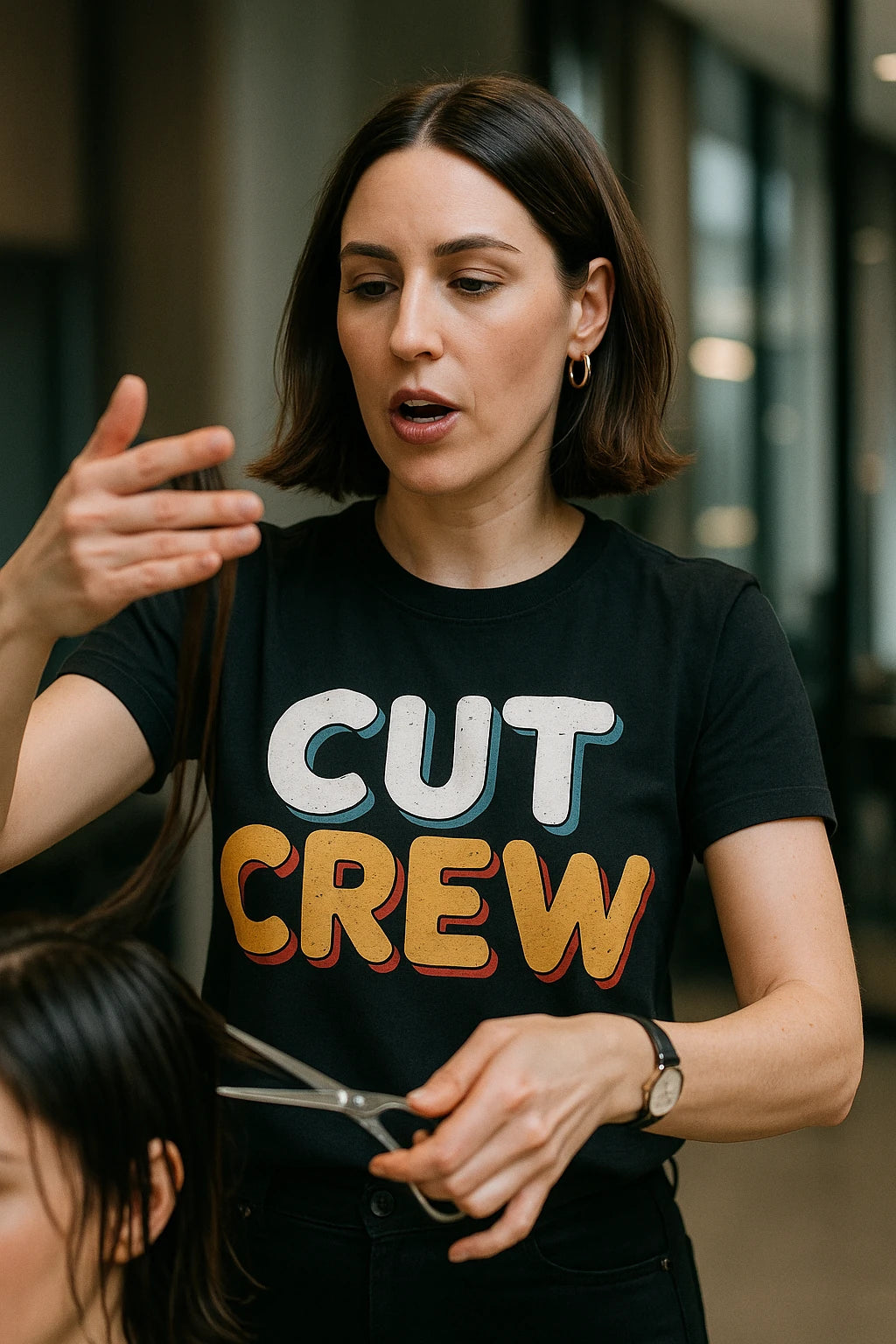 "Cut Crew" black hairdresser shirts - a christmas gift for hairdresser