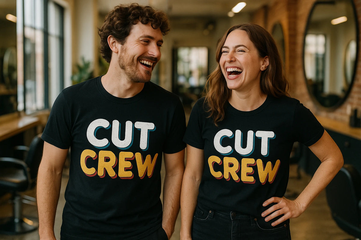 Person wearing the black hairdresser shirts graphic tee - "Cut Crew" design