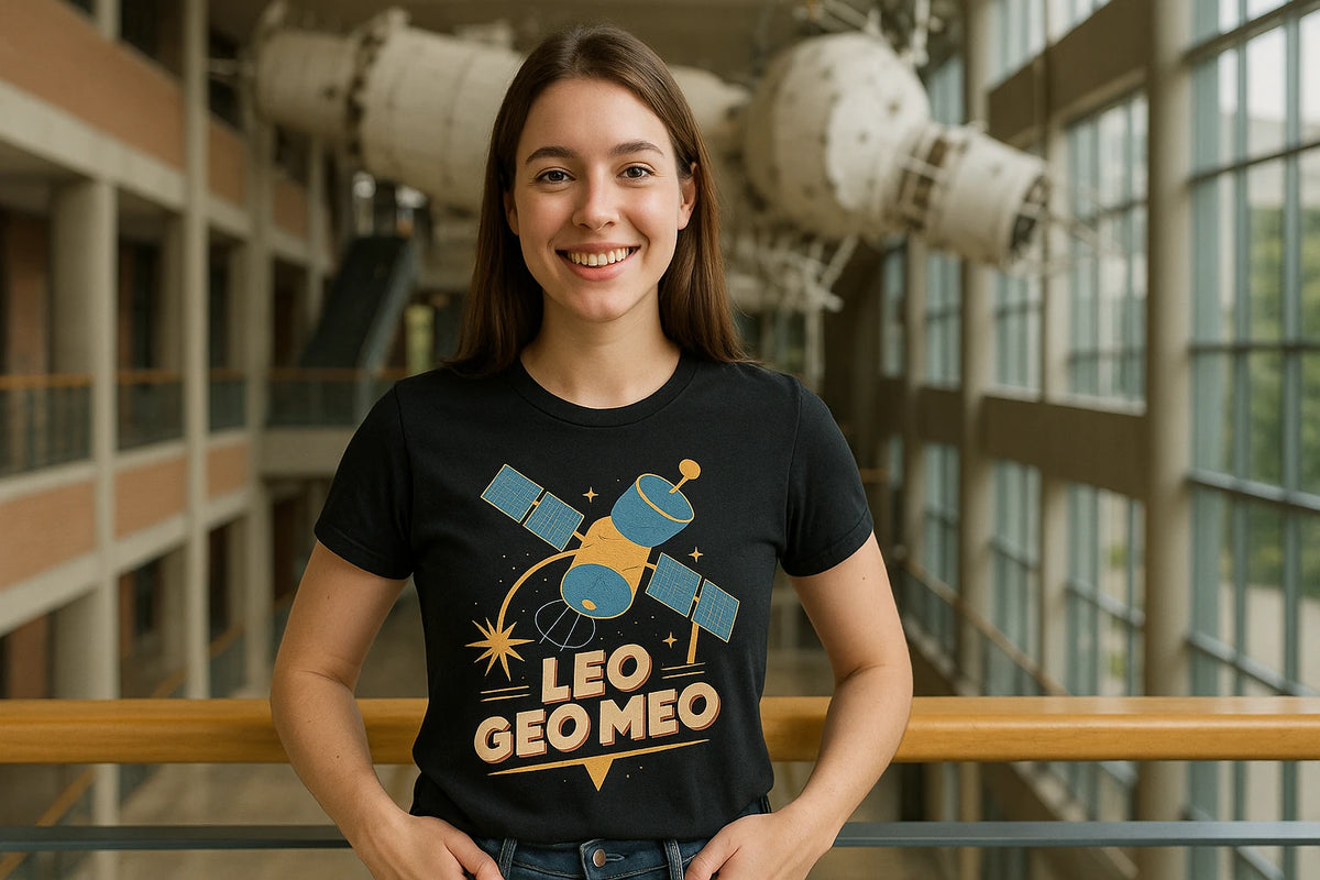 Lifestyle shot of the "Leo Geo Meo" black satellite t shirt in a real-world setting