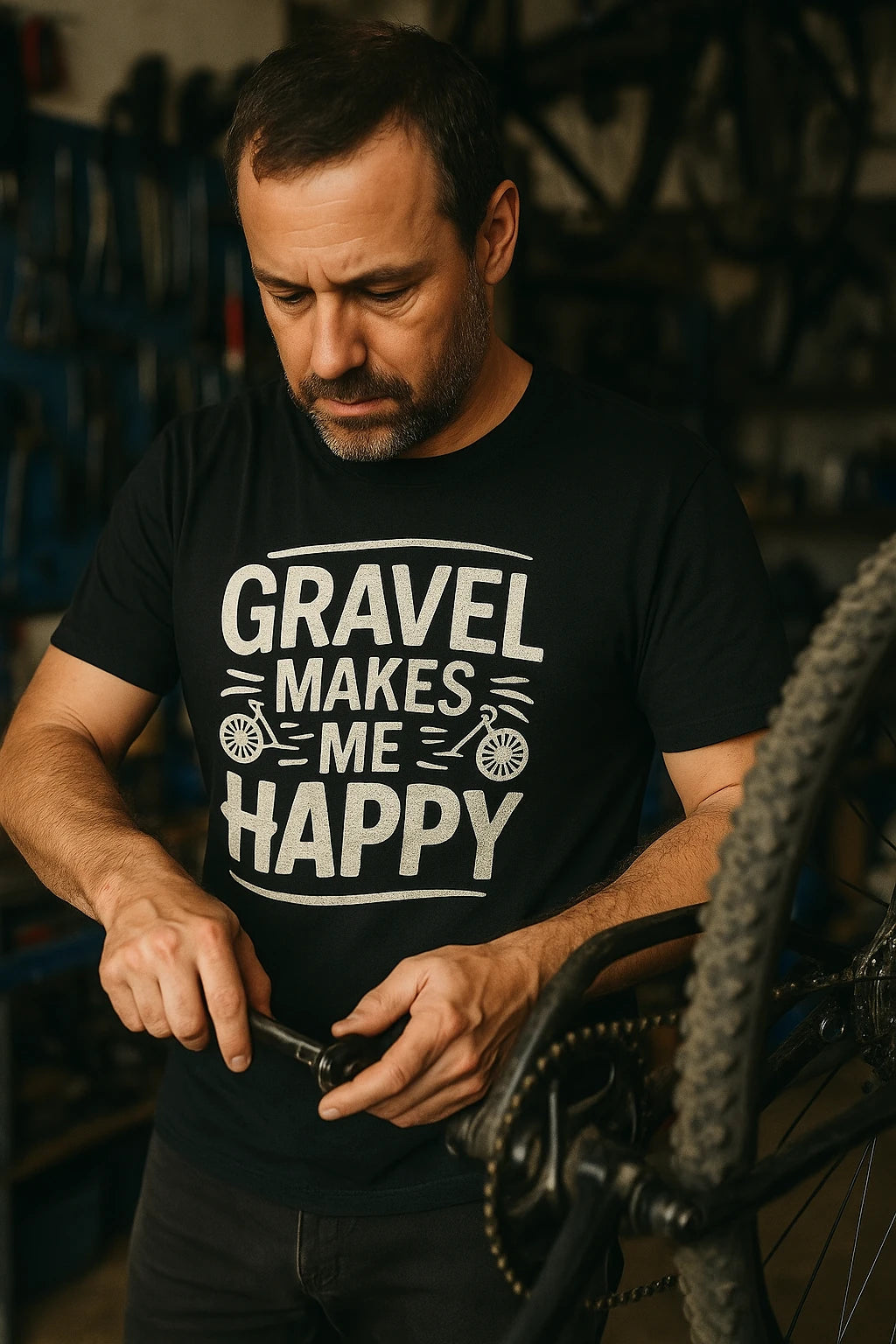 "Gravel Makes Me Happy" black biking shirts - also one of the gifts for bike riders