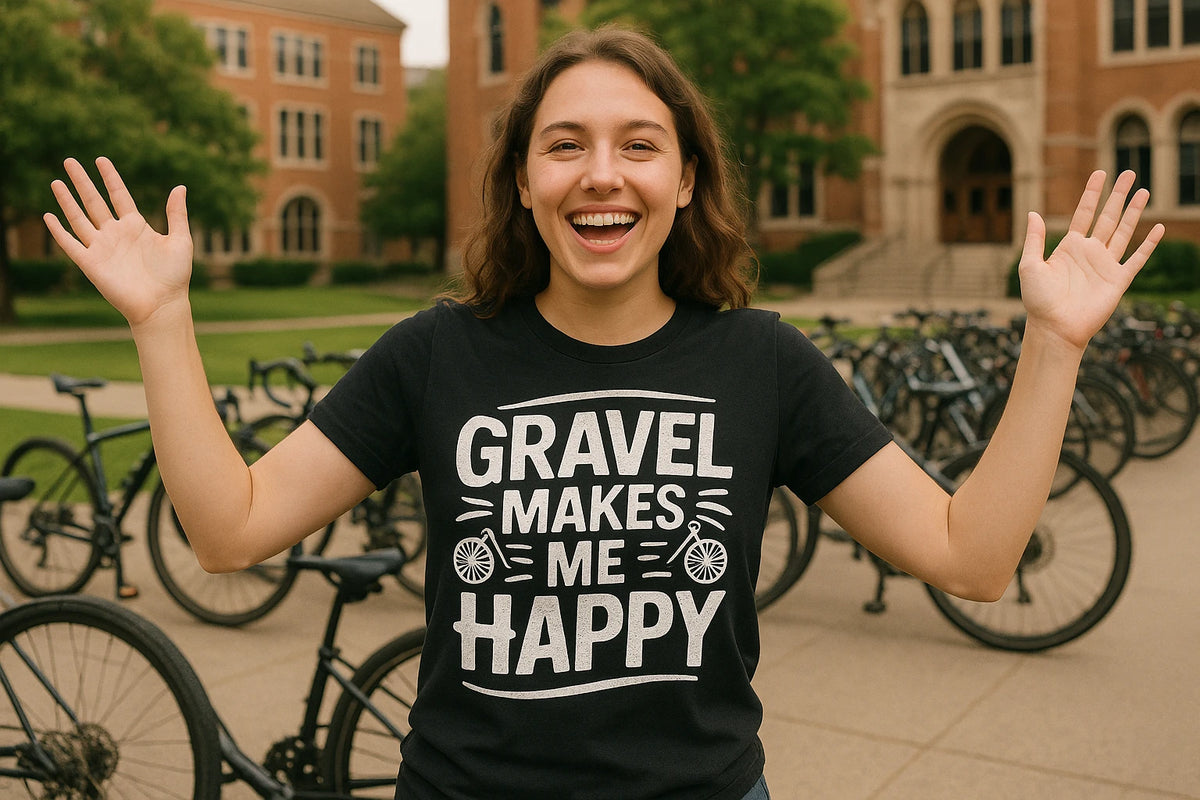 Lifestyle shot of the "Gravel Makes Me Happy" black biking shirts in a real-world setting