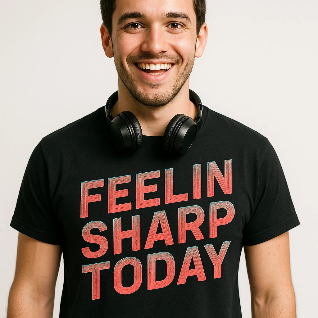 Close-up of the "Feelin Sharp Today" orange print on a premium Bella+Canvas black funny classical music t shirts