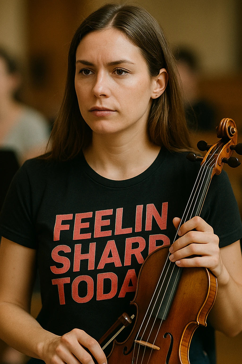 "Feelin Sharp Today" black funny classical music t shirts, photographed as gift for classical music lover