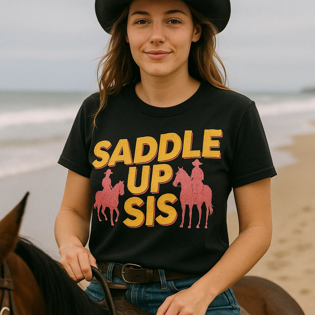 "Saddle Up Sis" black shirts for horseback riding, photographed as horseback riding lover gift
