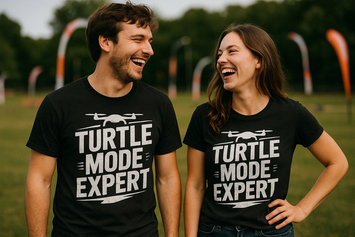 Person wearing the black drone shirts graphic tee - "Turtle Mode Expert" design