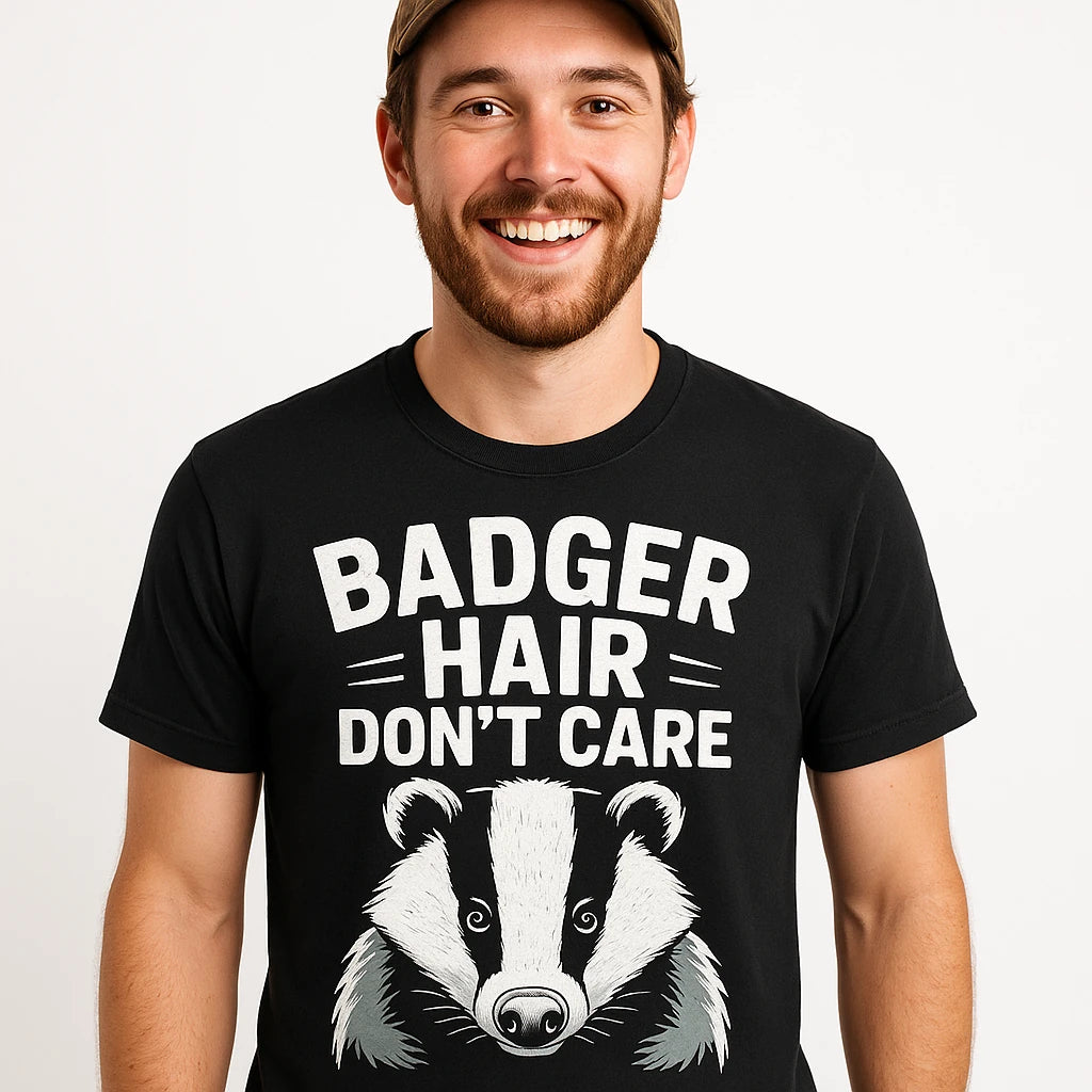 Close-up of the "Badger Hair Don'T Care" white print on a premium Bella+Canvas black badgers t shirt