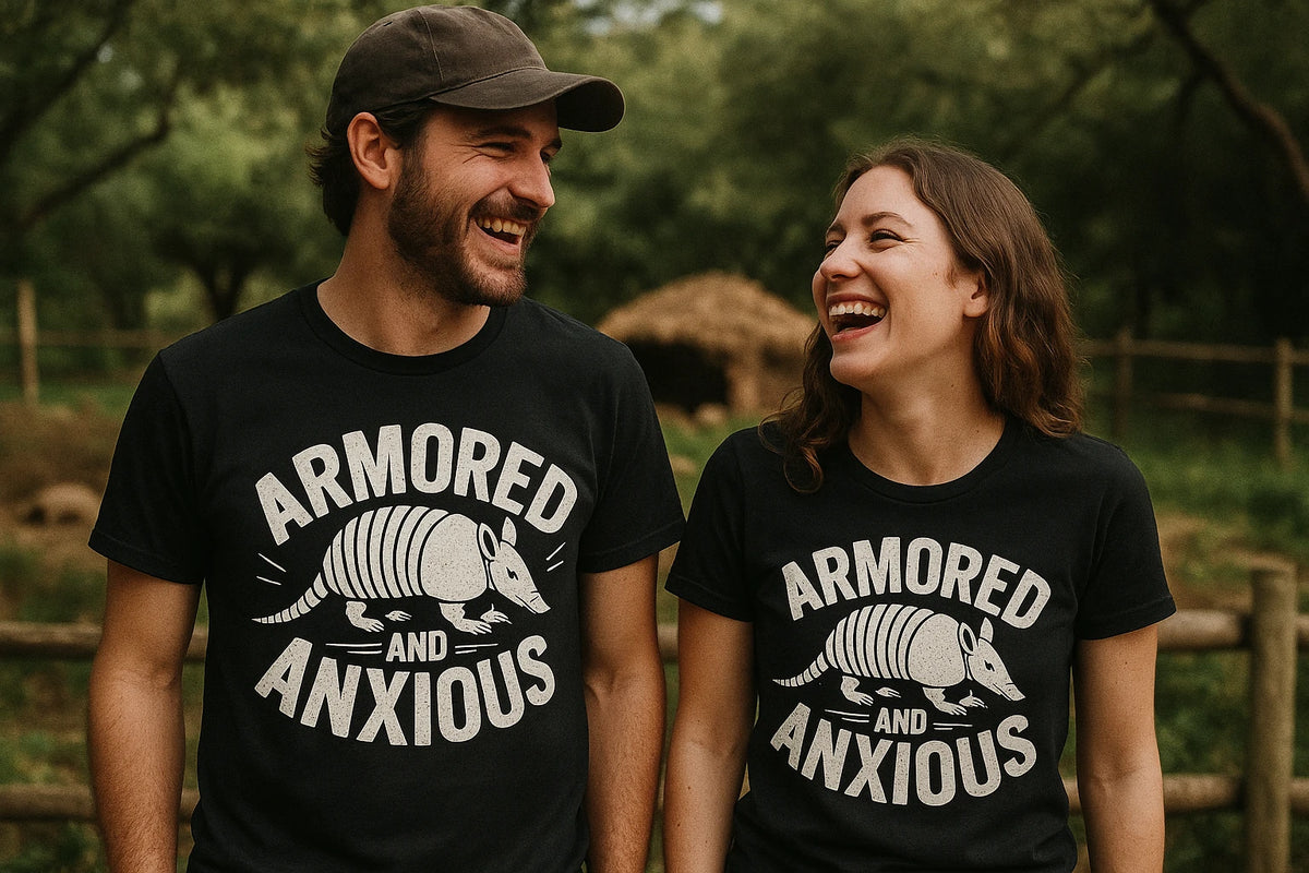 Person wearing the black armadillo t shirt graphic tee - "Armored and Anxious" design