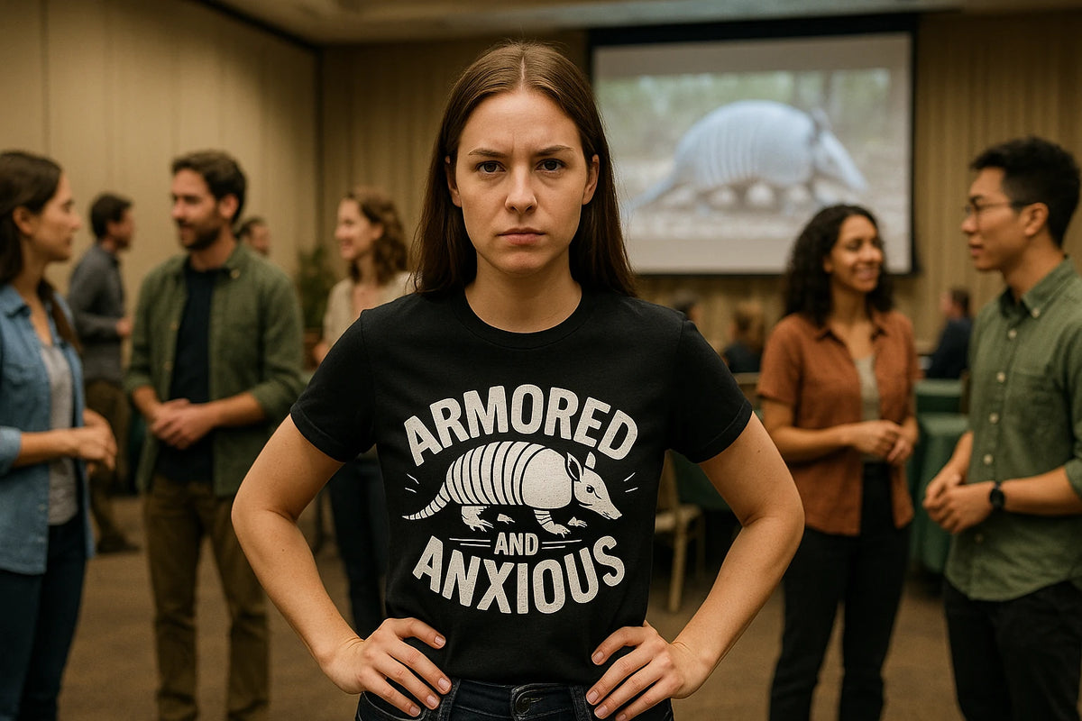 Lifestyle shot of the "Armored and Anxious" black armadillo t shirt in a real-world setting