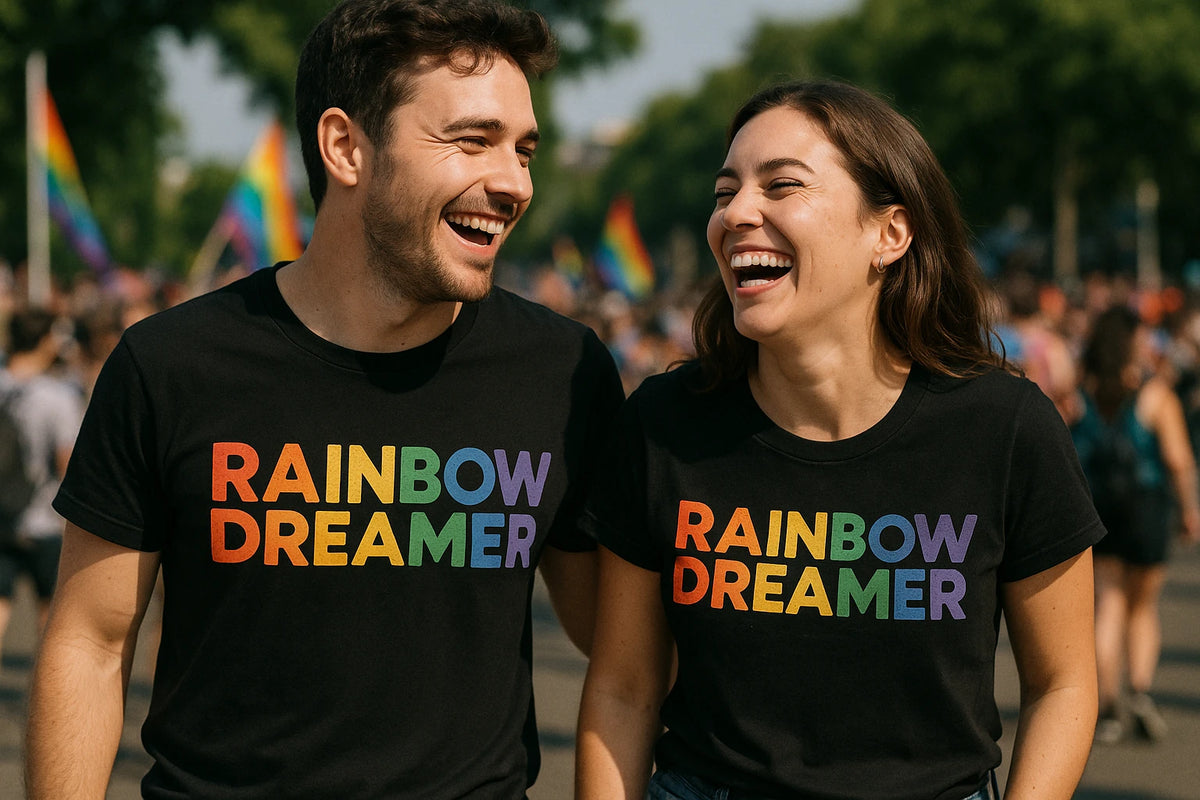 Person wearing the black lgbtq tshirts graphic tee - "Rainbow Dreamer" design