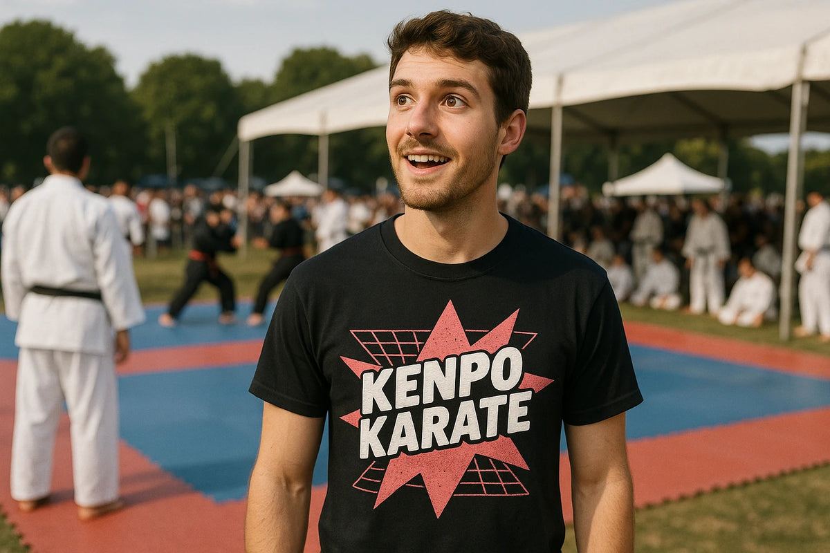Lifestyle shot of the "Kenpo Karate" black martial art t shirt in a real-world setting