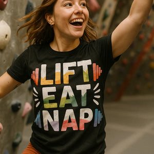 "Lift Eat Nap" black exercise tee - also a crop top for exercise