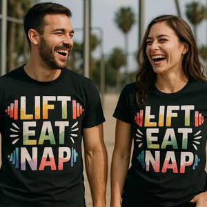 Person wearing the black exercise tee graphic tee - "Lift Eat Nap" design