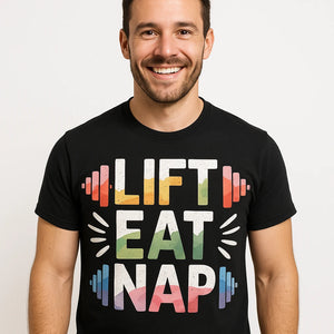 Close-up of the "Lift Eat Nap" gray print on a premium Bella+Canvas black exercise tee