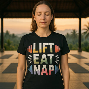 Lifestyle shot of the "Lift Eat Nap" black exercise tee in a real-world setting
