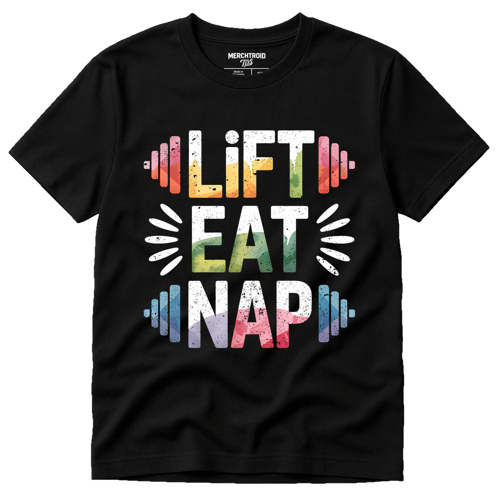 Black Exercise Tee - "Lift Eat Nap" graphic tee with gray print, flat lay product photo