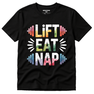 Black Exercise Tee - "Lift Eat Nap" graphic tee with gray print, flat lay product photo