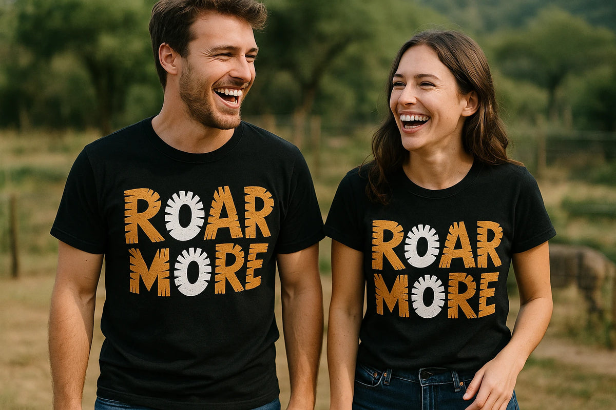 Person wearing the black tiger tee shirt graphic tee - "Roar More" design