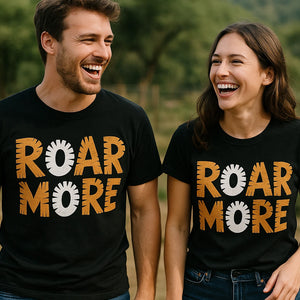Person wearing the black tiger tee shirt graphic tee - "Roar More" design