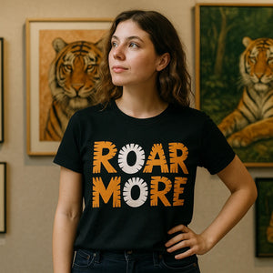 Lifestyle shot of the "Roar More" black tiger tee shirt in a real-world setting