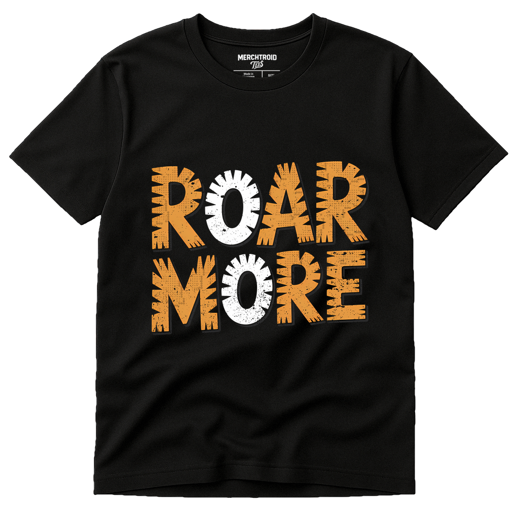 Black Tiger Tee Shirt - "Roar More" graphic tee with orange print, flat lay product photo