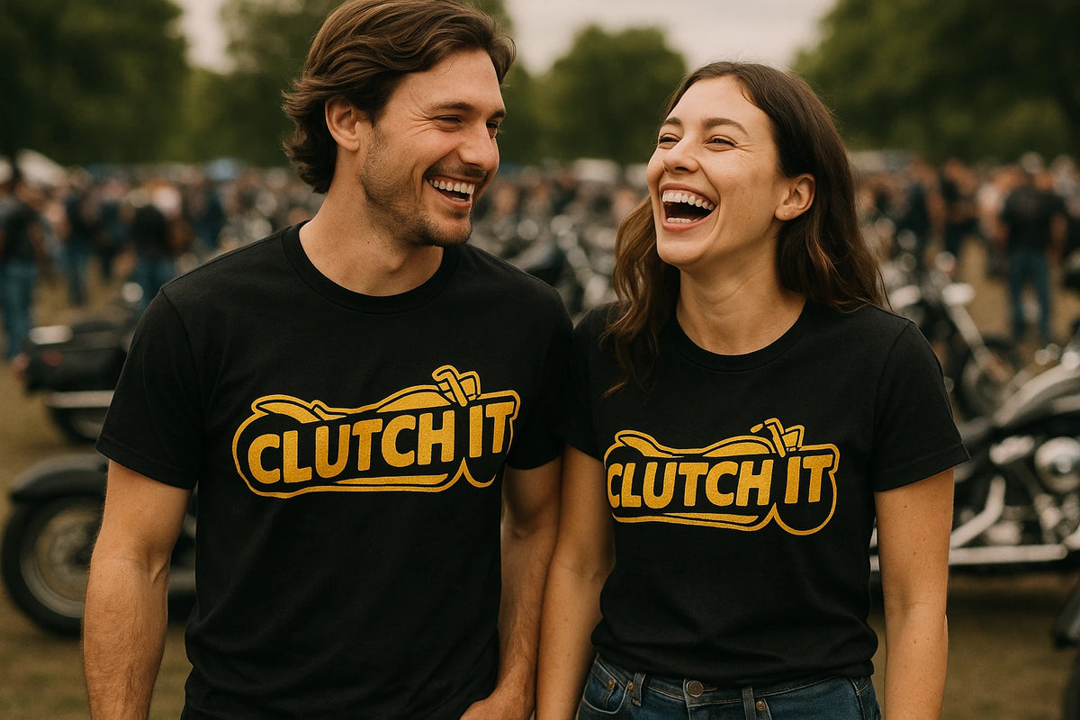 Person wearing the black motorcycle shirts graphic tee - "Clutch It" design