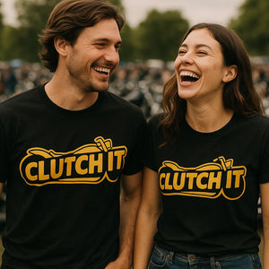 Person wearing the black motorcycle shirts graphic tee - "Clutch It" design
