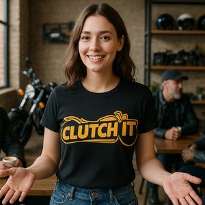 Lifestyle shot of the "Clutch It" black motorcycle shirts in a real-world setting