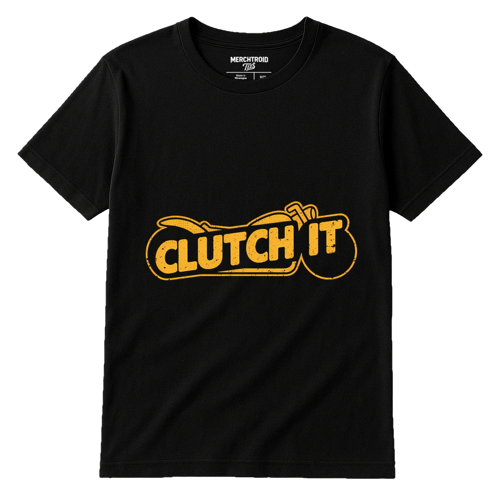 Black Motorcycle Shirts - "Clutch It" graphic tee with yellow print, flat lay product photo