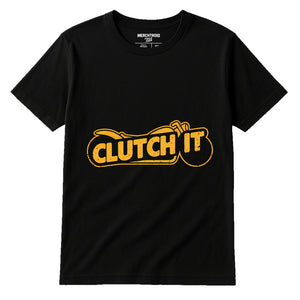 Black Motorcycle Shirts - "Clutch It" graphic tee with yellow print, flat lay product photo