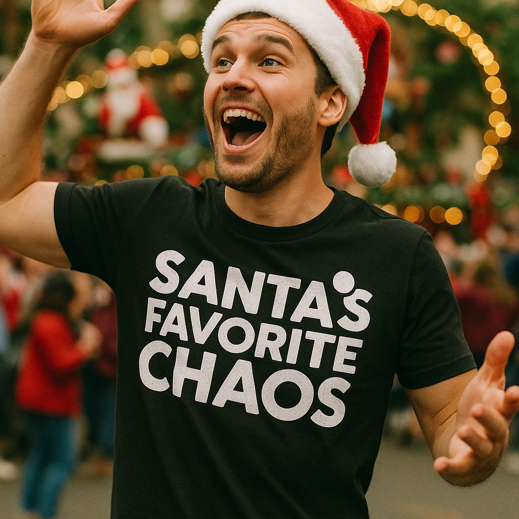 "Santas Favorite Chaos" black christmas tees - also a plus size christmas tops for ladies
