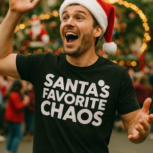 "Santas Favorite Chaos" black christmas tees - also a plus size christmas tops for ladies