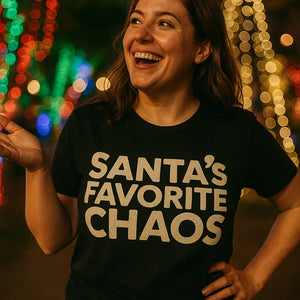"Santas Favorite Chaos" black christmas tees - a christmas gifts for book lovers