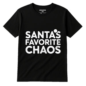 Black Christmas Tees - "Santas Favorite Chaos" graphic tee with white print, flat lay product photo