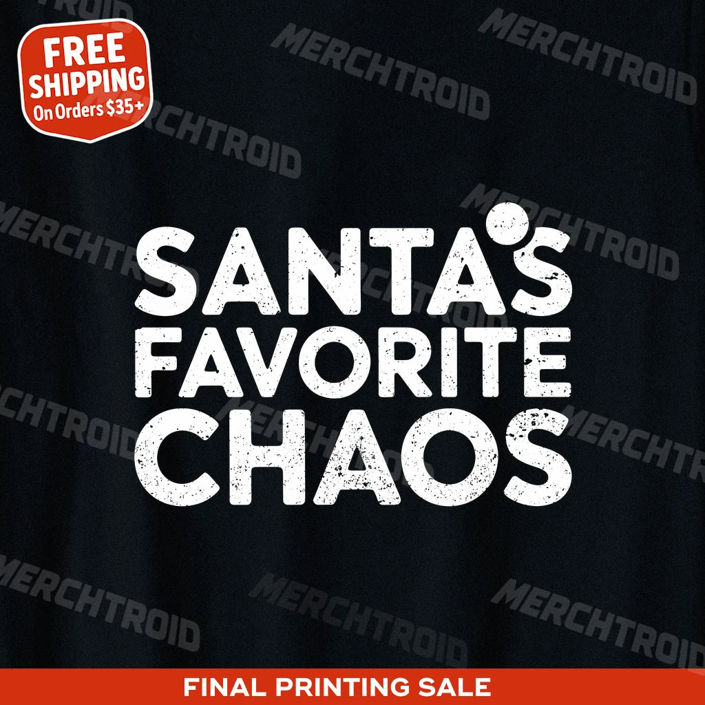 "Santas Favorite Chaos" black christmas tees, photographed as christmas gifts for fiance
