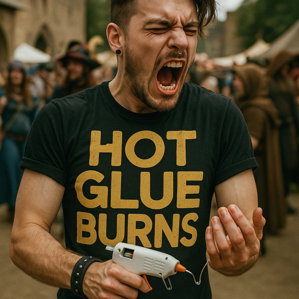 A person with short hair and facial piercings is grimacing in pain, holding a hot glue gun in one hand and inspecting their other hand. They are wearing a black T-shirt with large yellow text that says "HOT GLUE BURNS." The background appears to be a busy outdoor festival or gathering with people in various costumes.