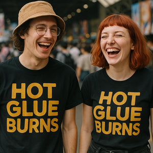 Person wearing the black cosplayers t shirt graphic tee - "Hot Glue Burns" design
