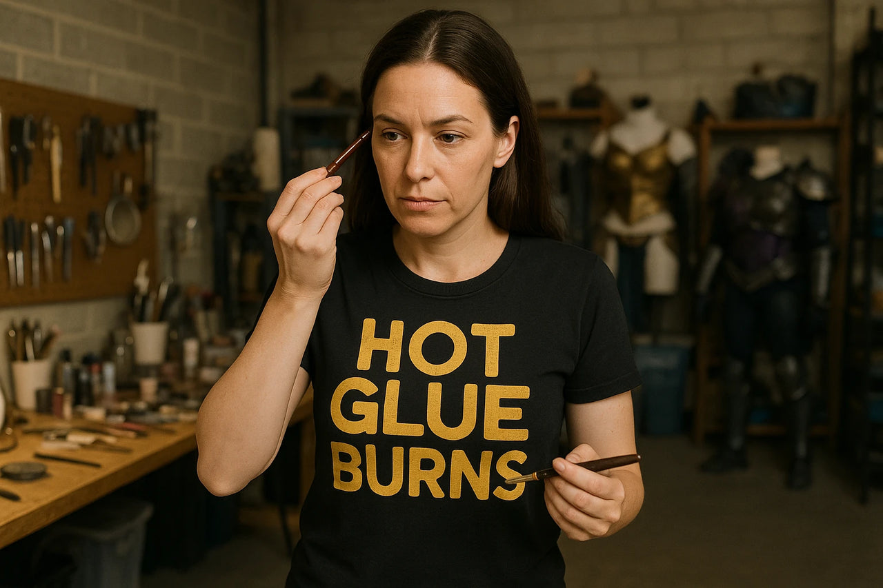A person with long dark hair is in a workshop holding a small tool near their face, appearing focused. They are wearing a black shirt with "HOT GLUE BURNS" printed in bold yellow letters. The workshop has tools on a wall and mannequins wearing armor in the background.