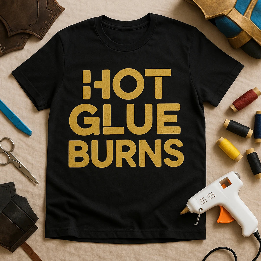 A black t-shirt with the bold text "HOT GLUE BURNS" printed in yellow. The shirt is surrounded by crafting materials including scissors, thread spools in various colors, a hot glue gun, and pieces of leather armor. The arrangement suggests a crafting or DIY theme.