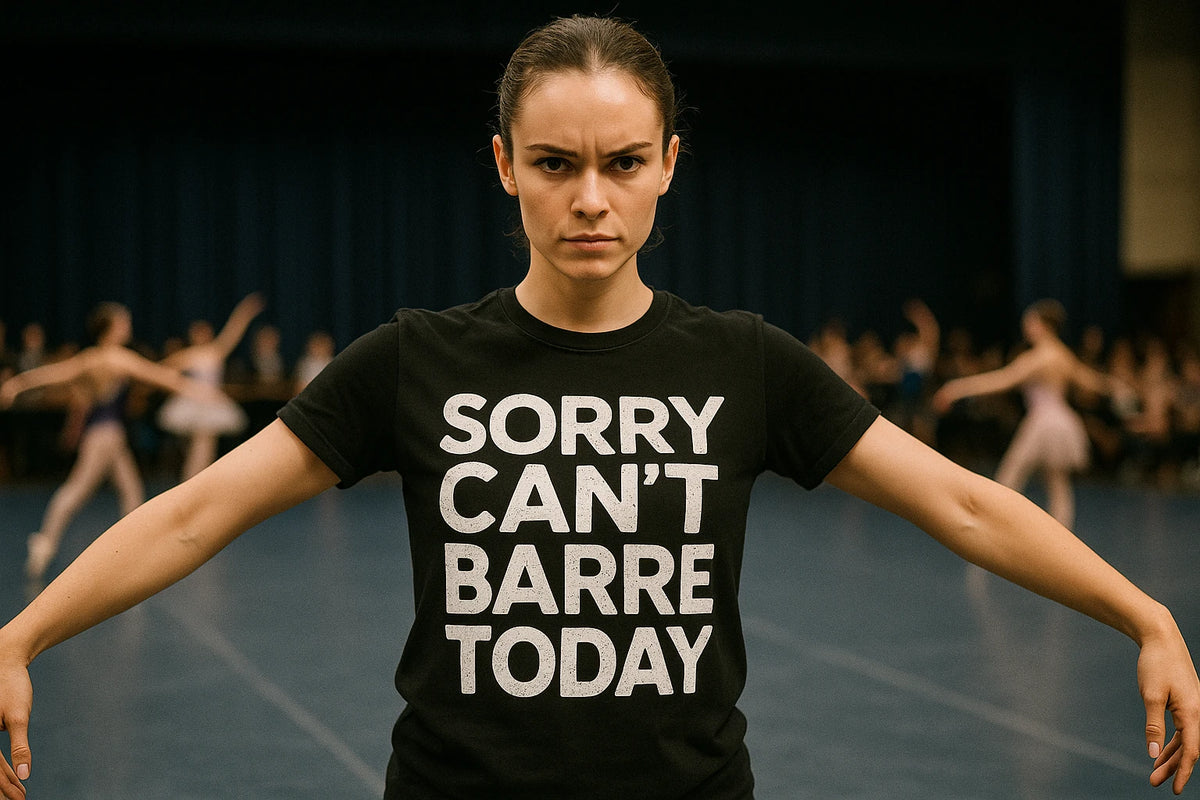 Lifestyle shot of the "Sorry Cant Barre Today" black graphic tee in a real-world setting